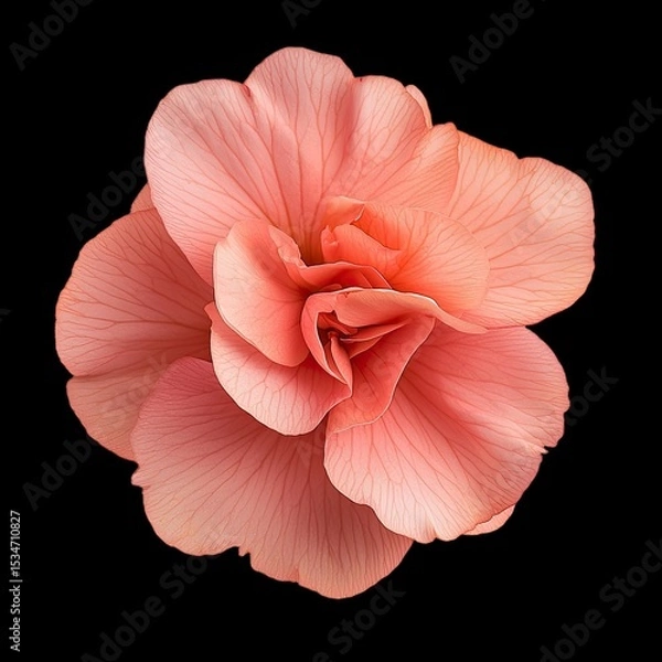 Fototapeta Beautiful single pink begonia flower with delicate curvy edges, showcasing intricate petal details against black background, evokes sense of elegance and tranquility