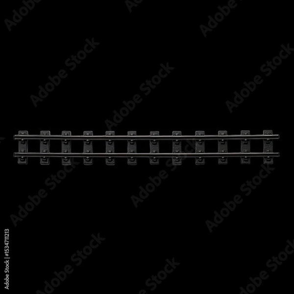 Fototapeta U shaped curve of train track model isolated on black background, showcasing intricate details and craftsmanship. This evokes sense of nostalgia and fascination with model railroads