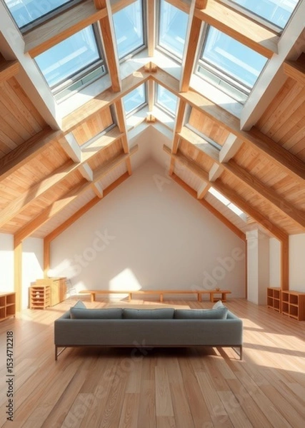 Obraz Open attic space with comfortable seating area natural wood accents and skylights illuminating the room Empty room interior design  striking structures clean line