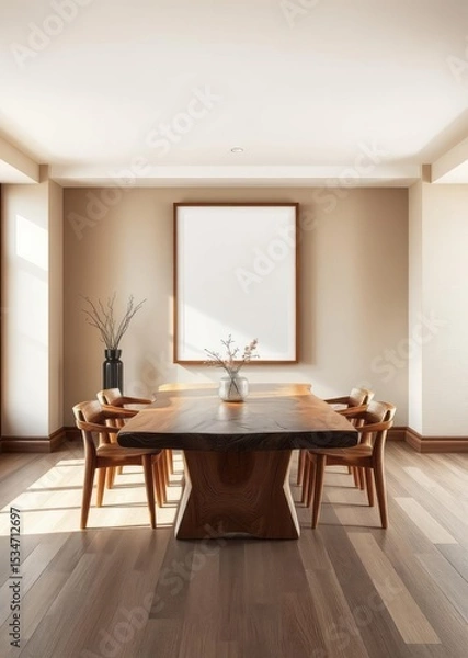 Obraz Rustic live edge dining table and wooden log chairs against beige wall with big art poster frame farmhouse japandi interior design of modern dining room Empty room interior design Ultra realistic