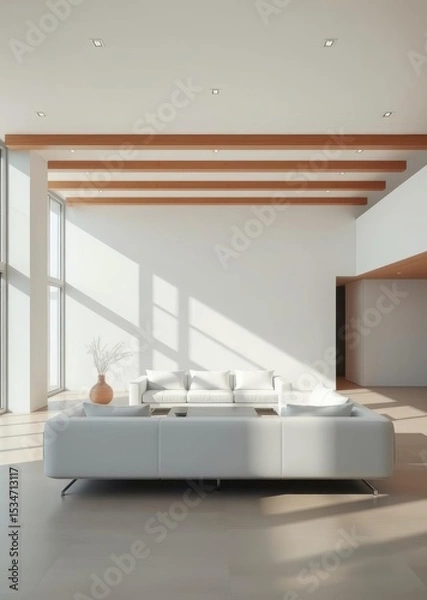 Obraz Modern living room minimalist design neutral colors white couch Empty room interior design  striking structures clean lines geometric shapes dramatic angles play