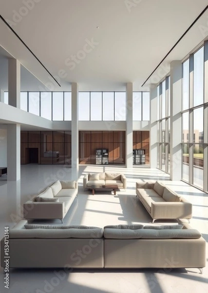 Obraz Spacious and bright living room with large windows and beautiful sofas Empty room interior design  striking structures clean lines geometric shapes dramatic angle