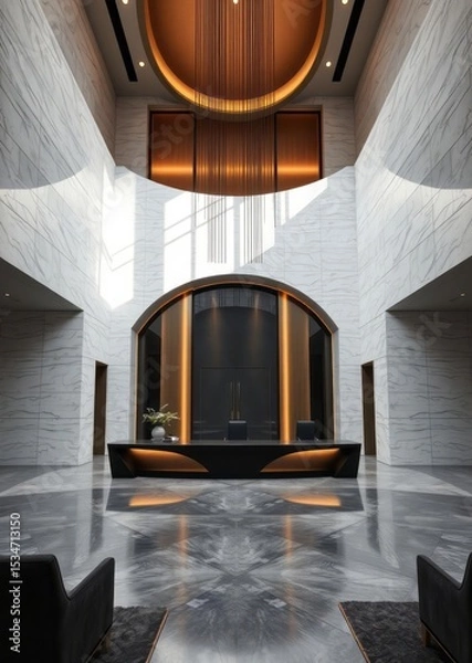 Obraz Luxury front desk lobby Empty room interior design  striking structures clean lines geometric shapes dramatic angles play of light and shadow capturing architec