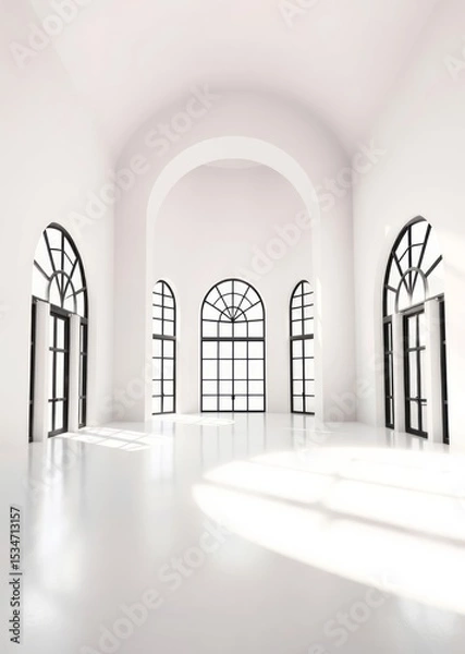 Obraz Minimalist white room with arched windows and sunlight streaming through Empty room interior design  striking structures clean lines geometric shapes dramatic ang