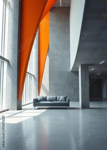 Obraz Grey and orange office waiting room with sofa Empty room interior design  striking structures clean lines geometric shapes dramatic angles play of light and shad