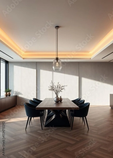 Obraz Modern dining room interior with glamour wooden table  stylish chairs and design decoration template home decor Empty room interior design  striking structures c