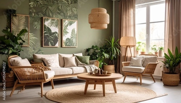 Fototapeta アートと植物が融合したグリーンウォールの部屋