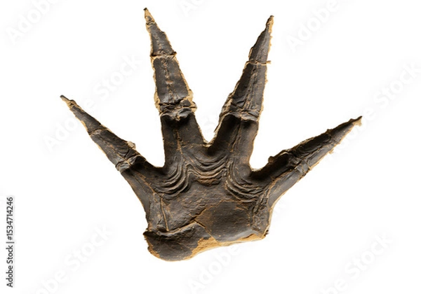 Fototapeta Dark fossilized dinosaur footprint w prominent claws against a black background Geological find