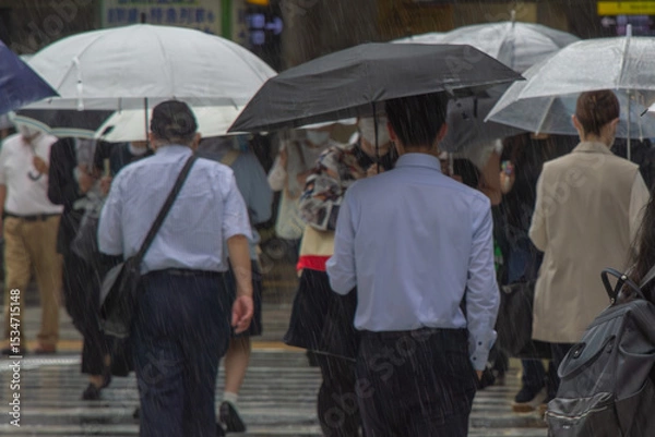 Obraz 雨の大阪駅前を行き交う通勤客の朝の風景