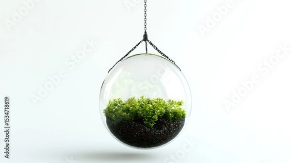 Fototapeta 3D render of a hanging glass terrarium globe on white background
