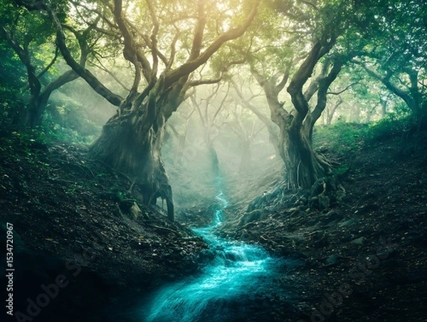 Obraz Mystical forest stream with ancient trees.