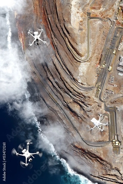 Obraz Aerial view of drones over a coastal industrial complex.