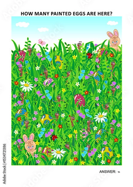 Fototapeta Easter themed page sized visual math puzzle to learn counting with fun: How many painted eggs are here? Answer included.
