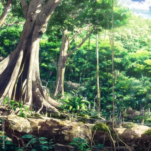 Obraz Lush tropical forest scene with towering trees.