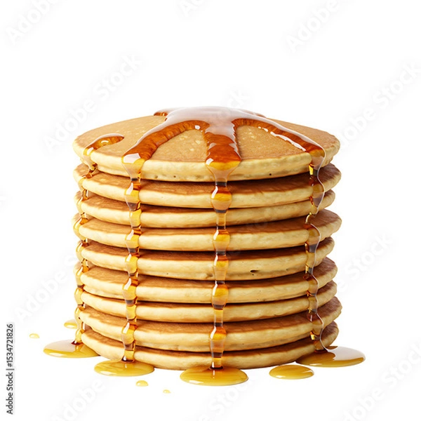 Fototapeta Tall stack of pancakes with dripping syrup against a black backdrop