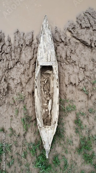 Obraz Aged wooden canoe stranded in mud.