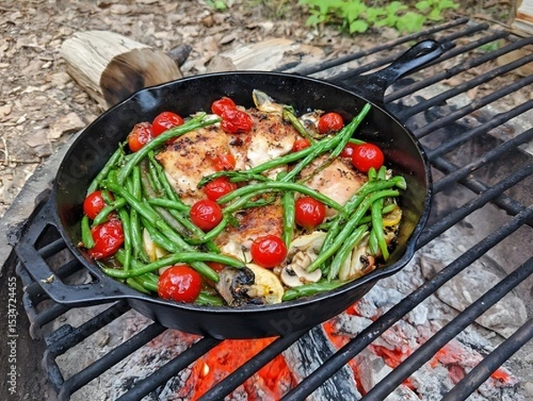 Obraz Cast iron skillet with seasoned chicken and vegetables on a grill.