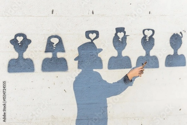 Obraz Shadowed figure photographing graffitied human profiles on a wall.