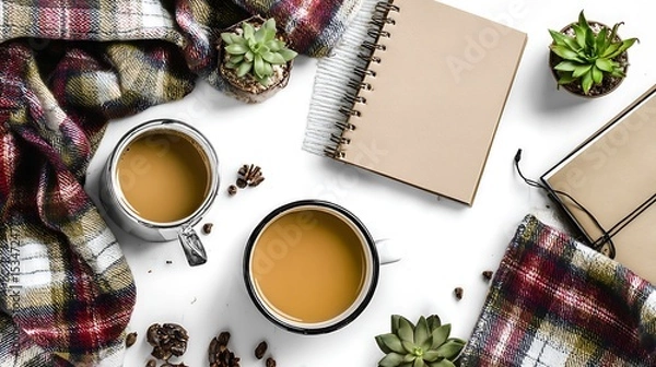 Obraz Cozy autumnal arrangement with coffee cups, plaid blanket, succulents and notepad.