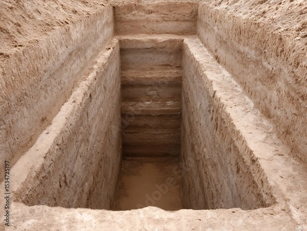 Obraz A layered excavation pit in light tan earth.