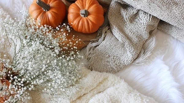 Obraz Autumnal decor with pumpkins and flowers.