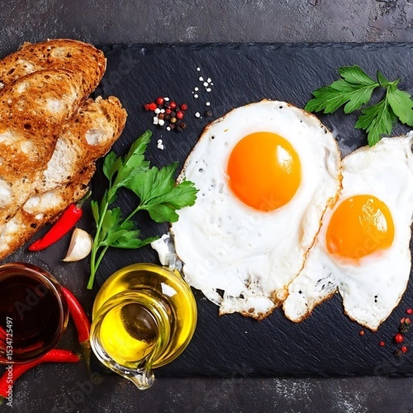 Obraz Fried eggs with toasted bread and herbs.