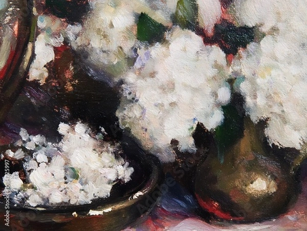 Obraz Still life painting of white flowers in dark-toned containers.