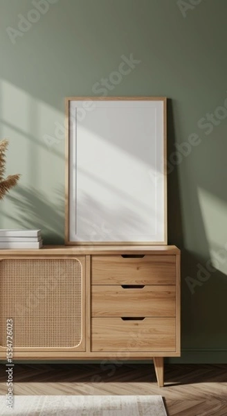 Fototapeta Wood Frame Mockup on Rattan Sideboard in Green Room