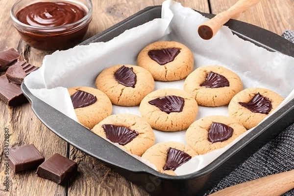 Obraz Chocolate-filled cookies in a baking pan.
