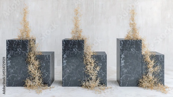 Obraz Dark gray marble podiums with scattered light beige details.