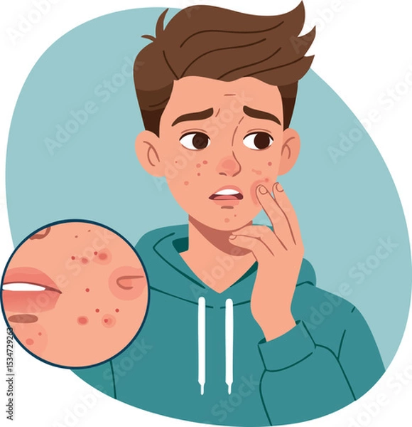 Obraz Teenager worried about acne skin problem with closeup of red pimples on face vector illustration 