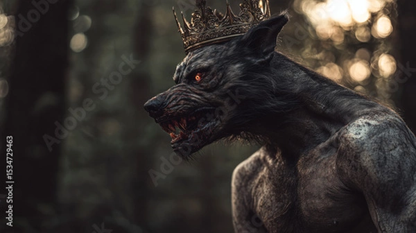 Obraz Werewolf with Glowing Eyes and Crown in Dark Forest Horror Fantasy