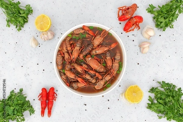 Obraz Crayfish stew in a white bowl, garnished with herbs.