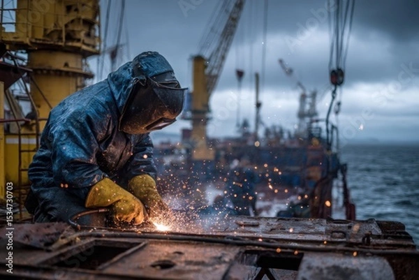Fototapeta Welder working with sparks on industrial site