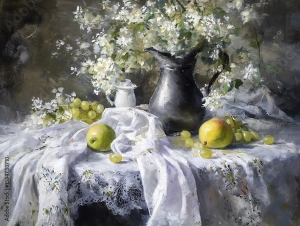 Obraz Still life painting of flowers, fruits, and a pitcher.