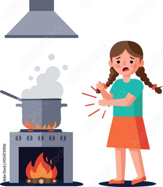 Obraz Girl Burned Hand Cooking Accident Kitchen Safety Awareness Vector Illustration 