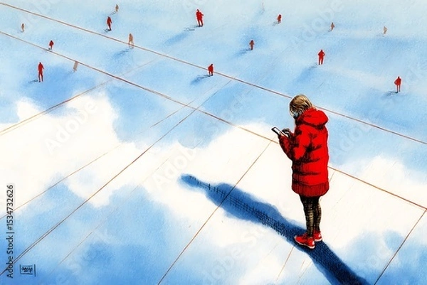Obraz Person using a phone, distanced from others, on a light blue surface with lines.