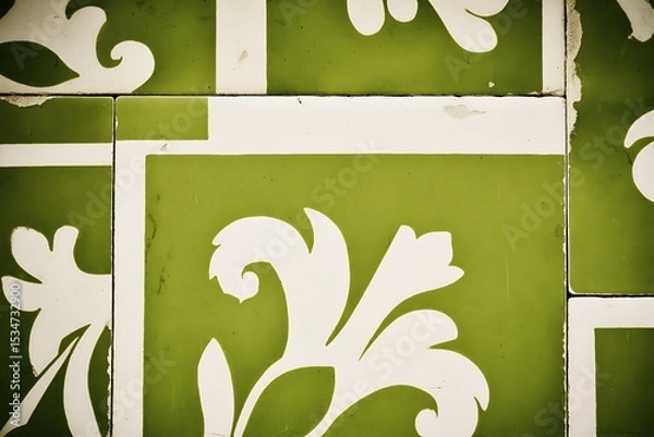 Obraz Green and white patterned tiles with decorative motifs.