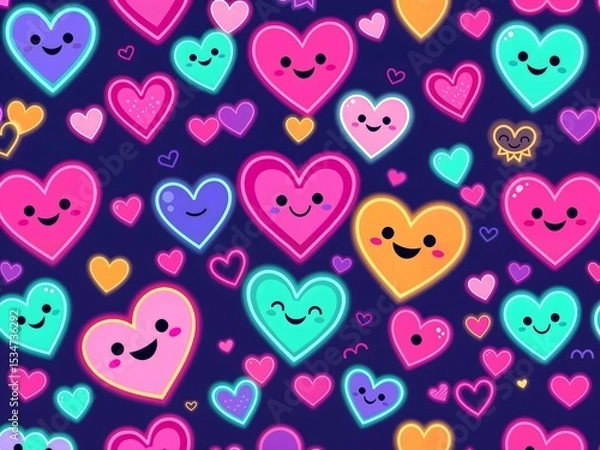 Fototapeta abstract Cute pastel Y2k neon pattern of funny cartoon hearts and elements. In psychedelic weird style