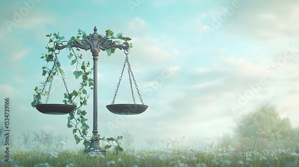 Obraz Elegant Scales of Justice Surrounded by Greenery and Soft Skies