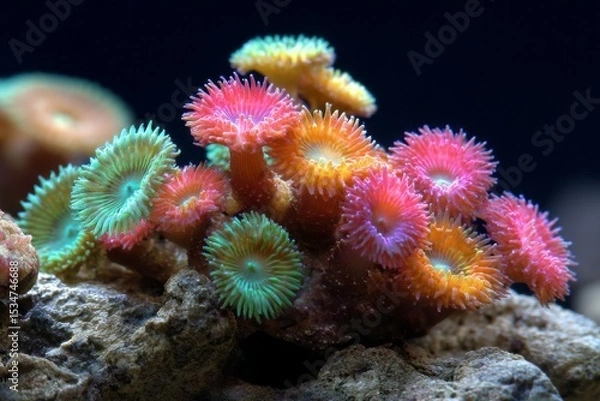 Obraz Vibrant Close-Up of Multicolored Zoanthid Coral Polyps Growing on Rock Underwater, Displaying Bright Pink, Orange, Green, and Yellow Tentacles in a Marine Reef Environment