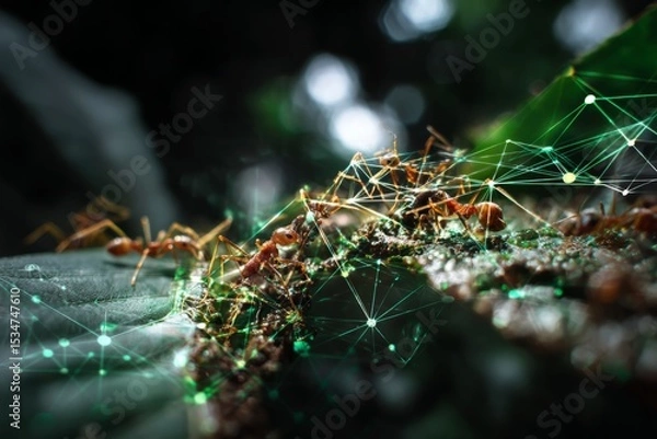 Obraz Macro View of Ants Collaborating on a Leaf Integrated with Digital Network Connections, Symbolizing Nature's Collective Intelligence and its Parallel to Advanced Technological Networks