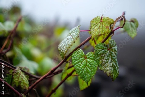 Obraz Close-Up View of Dew-Kissed Vibrant Green Leaves on Twisting Brown Branches in a Misty, Serene Atmosphere Conveying Freshness, Life, Nature’s Elegance, Delicate Beauty, and Morning Tranquility