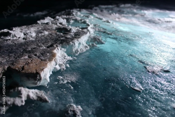 Obraz Captivating close-up of icy crystalline textures and vibrant turquoise hues, portraying a frozen, surreal landscape bathed in dramatic lighting, conveying mysterious beauty and serenity