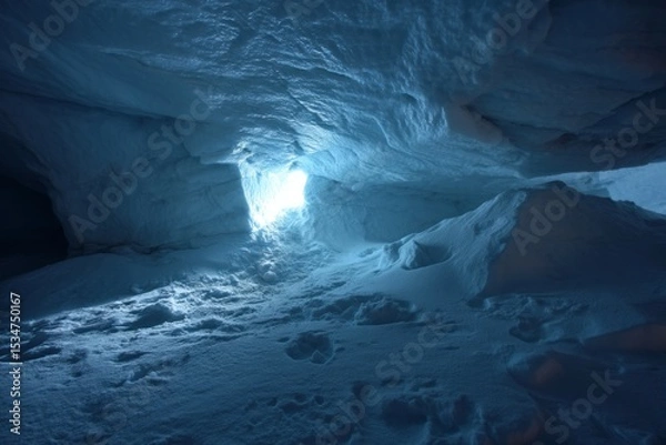 Obraz Mysterious Ice Cave Interior Illuminated by Ethereal Blue Light, Featuring Smooth, Frozen Surfaces and Shadowy Depths, Creating a Serene Atmosphere of Exploration, Quietude, and Wonder