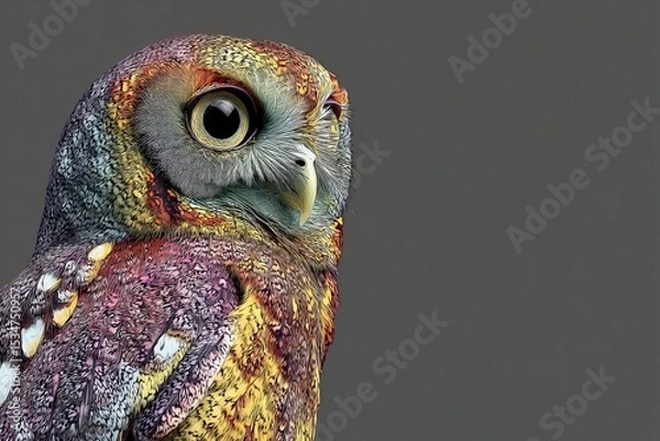 Obraz Vibrant Iridescent Owl with Textured Plumage, Golden Highlights, and Hypnotic Eyes in a Stylized Fantasy Realism Portrait on a Neutral Background
