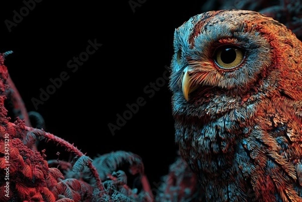 Obraz Majestic Nocturnal Sentinel Perched Among Crimson-Tinged Branches Under Ethereal Light with Intricate Feather Details and a Steady, Piercing Golden Gaze in Deep Shadows