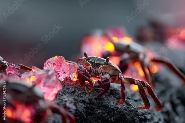 Obraz Crabs Navigating Over Glowing Magenta Crystals Embedded in Charcoal Terrain with Radiant Light Reflections Creating a Sci-Fi Ambience in an Otherworldly Nocturnal Setting