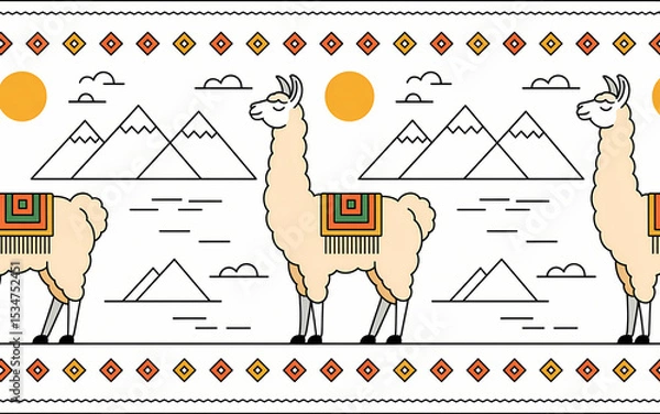 Fototapeta Peruvian Folk Weaving Motifs, Andean Llama Pattern with Mountains and Sun.