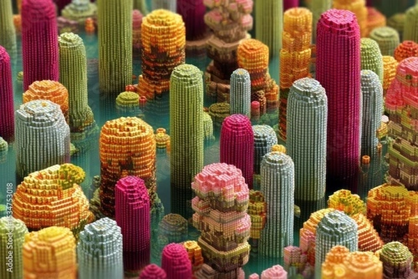 Obraz Vibrant Micro-Cityscape of Cylindrical Organic Towers in Candy-Like Textures Resembling Coral or Abstract Architecture in a Surreal Fantasy Landscape of Rich Color and Form